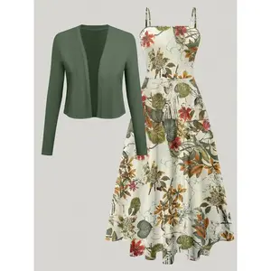 Plus Size Women's Elegant Solid Color Cardigan, Plant Print Strap Dress Set, Casual Fashion for Spring & Fall, Ladies' Clothing
