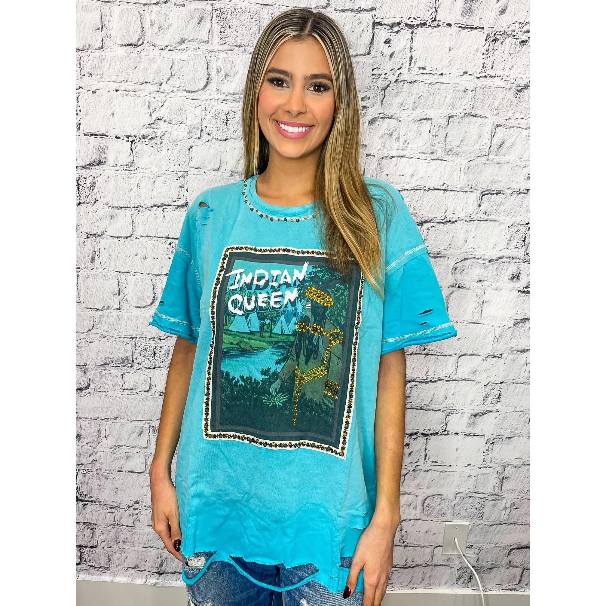 Indian Queen Studded Embroidery Detail Bling Montana West Distressed Graphic Tee - Turquoise