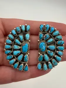 Native Turquoise Huge Half Cluster Sterling Silver Earrings