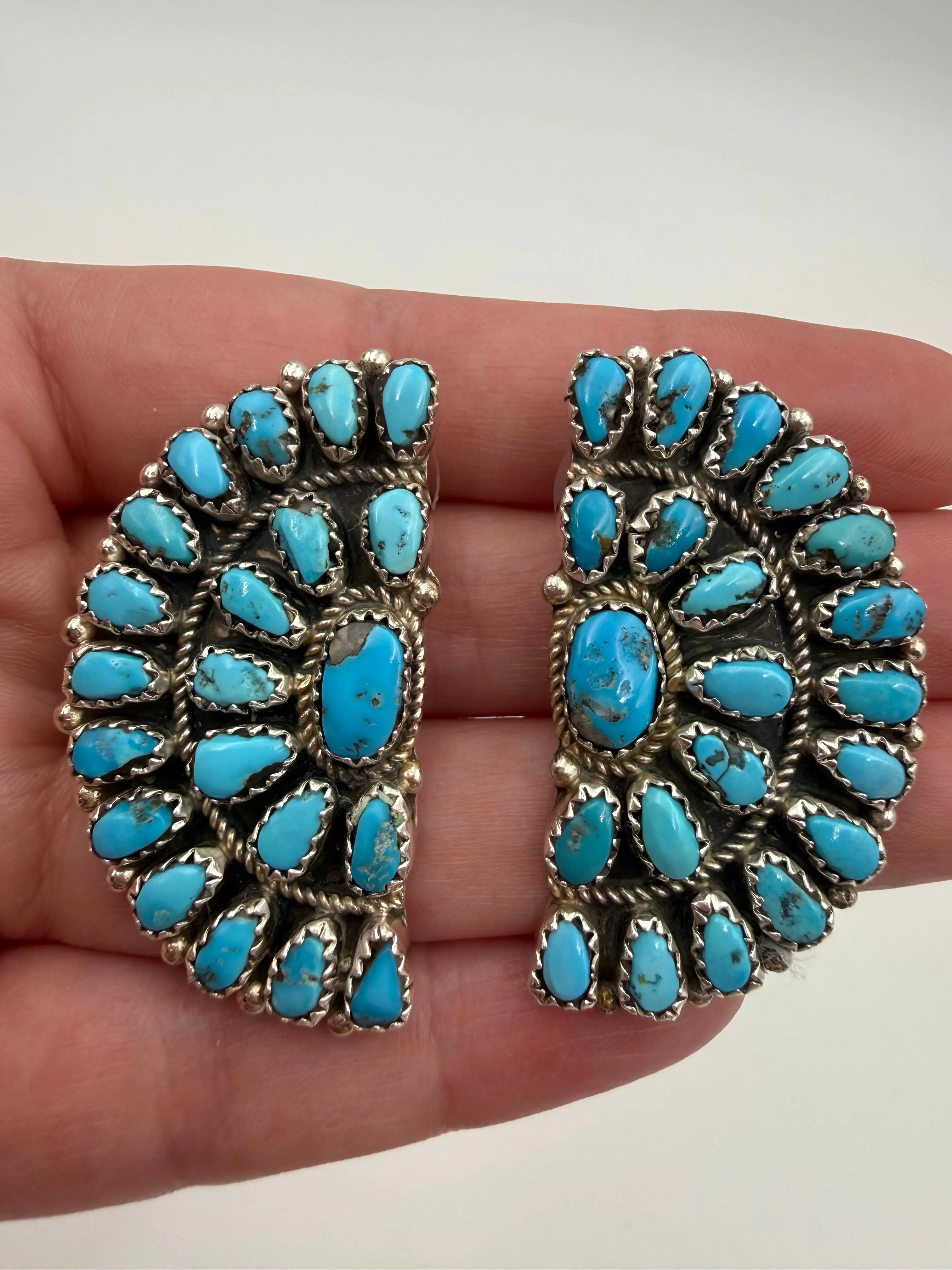 Native Turquoise Huge Half Cluster Sterling Silver Earrings