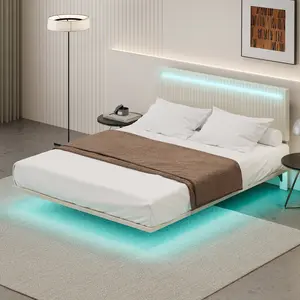 Modern Upholstered Floating Bed Frame with LED Lights, Vertical Channel Design Velvet Fabric Bed, No Box Spring Needed, Queen/Full Size, Beige/Gray