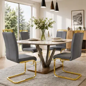 Modern Dining Chairs Set of 4, PU Faux Leather High Back Upholstered Side Chairs with C-Shaped Gold Plating Metal Legs, Ergonomic Thick Cushion, Grey, for Kitchen Dining Room Living Room Office Guest Room, Grey Color Options, PU Material
