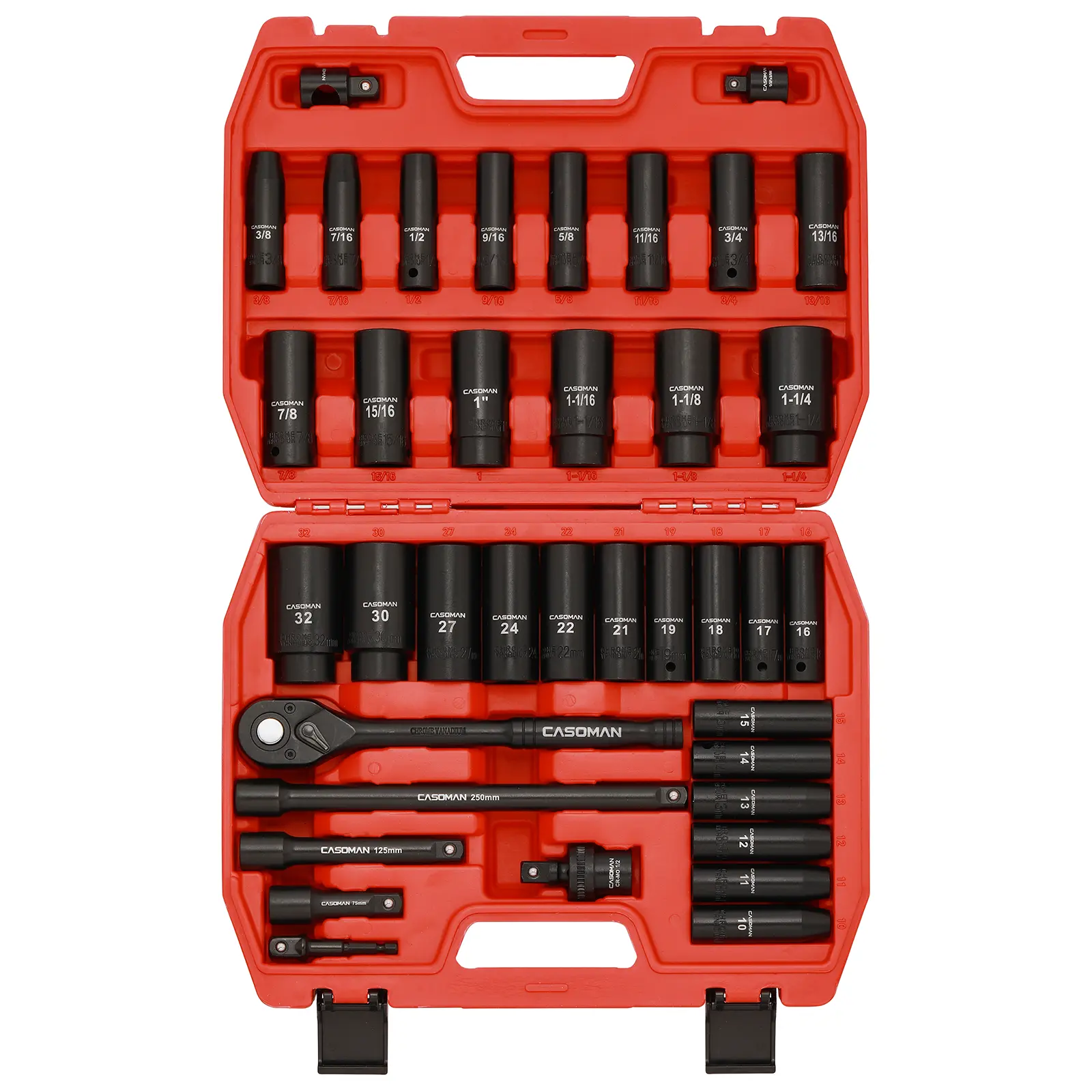 CASOMAN 1/2" Drive 6-Point Socket Wrench Set - 38-Piece CR-V Impact Sockets Set with Deep/Standard SAE (3/8"-1-1/4") & Metric (10-32mm) Sizes, 3/5/10-Inch Extension Bars, Adapters, Ratchet Handle, 6-Point Socket Metric #dealforyourdays