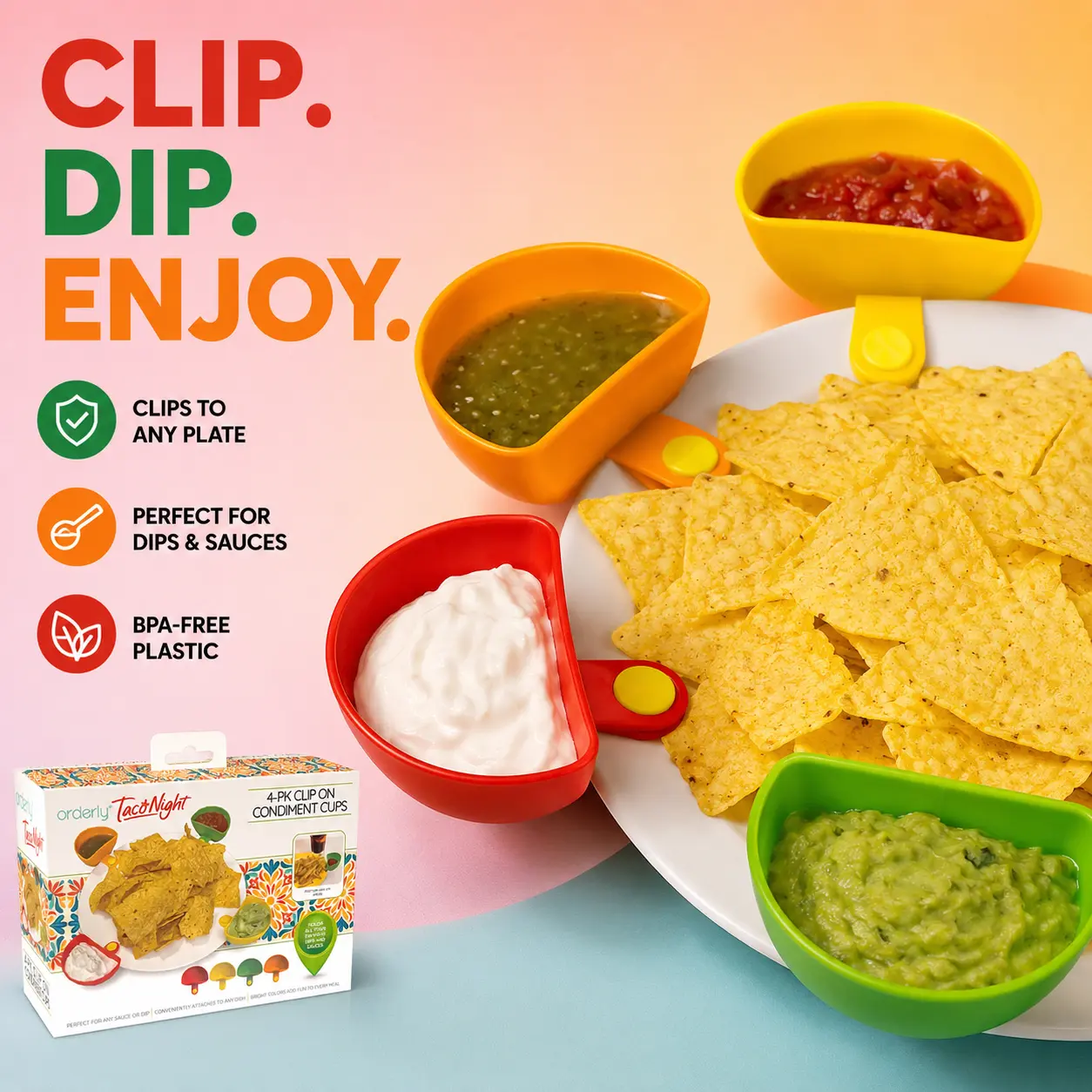 4-Piece Round Plastic Clip-On Condiment Cups for Plates - 3x3 in Secure Clip, Colorful Reusable Dip & Sauce Cups
