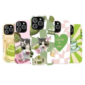 Green Cat Matcha Dual Shell Themed Phone Case Premium Matte Texture, Protection, Shockproof, Anti-Drop, Anti-Fingerprint For IPhone 17-12, Pro Max, Pro Plus, and Samsung S25-22 Protection Safety