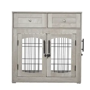Heavy Duty Dog Crate Furniture – Rustic Modern Wooden Dog House End Table with 2 Storage Drawers & 3 Doors, Indoor Multi-Functional Pet Kennel Cage for Medium/Large Dogs