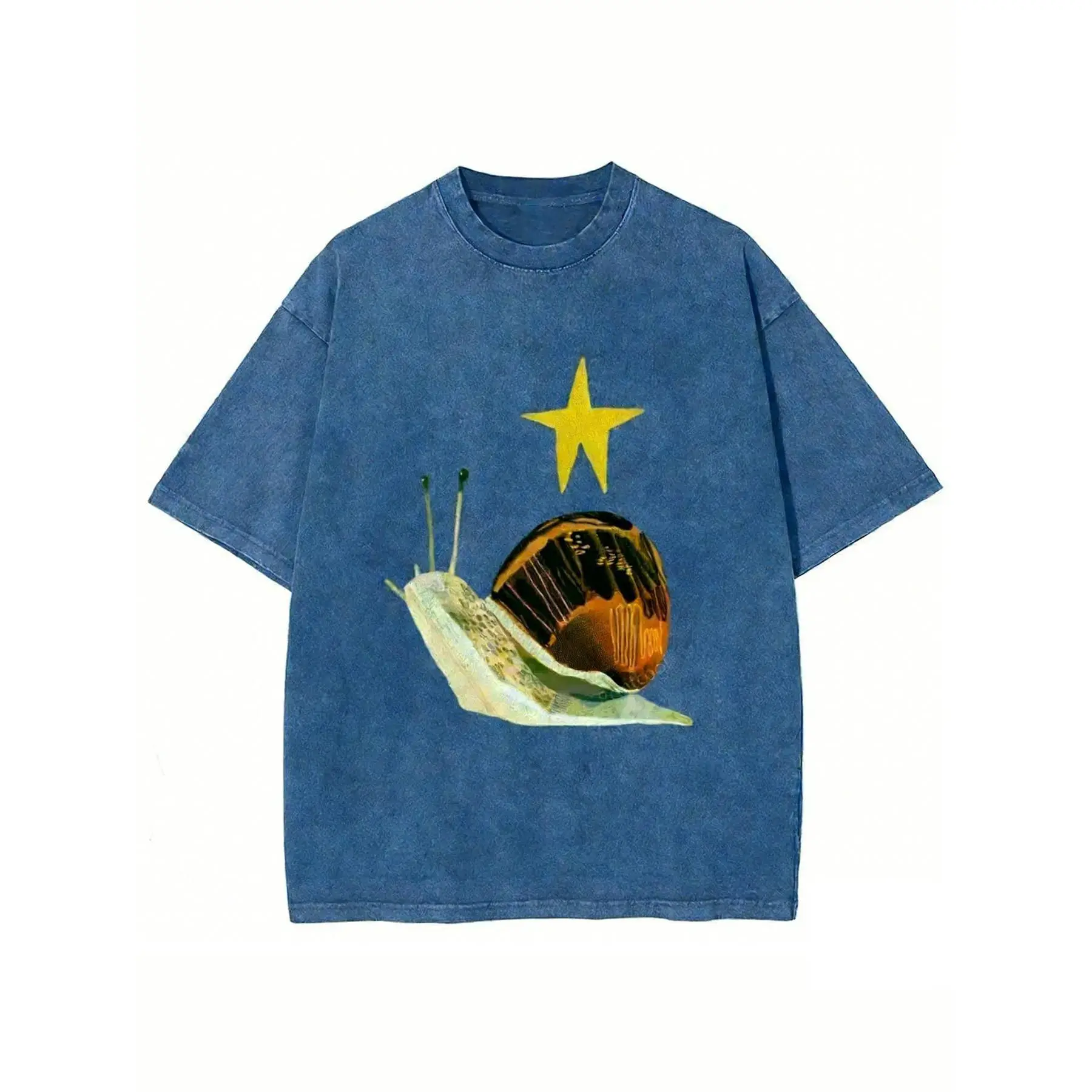 Holafish Acid Wash T-Shirts Featuring a Trendy Shiny Snail Print on Washed, High-Quality Batik Retro Fashion Brand T-Shirts, Suitable for All Genders, Ideal for Everyday Wear, Popular T-Shirts for Holidays, And Excellent Gift Options summervibes