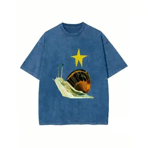Holafish Acid Wash T-Shirts Featuring a Trendy Shiny Snail Print on Washed, High-Quality Batik Retro Fashion Brand T-Shirts, Suitable for All Genders, Ideal for Everyday Wear, Popular T-Shirts for Holidays, And Excellent Gift Options summervibes