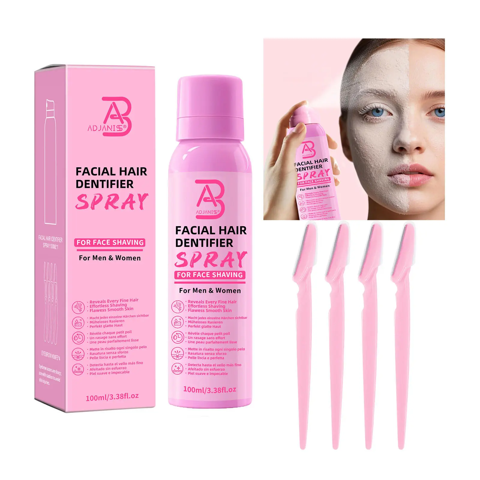 FACIAL HAIRDENTIFIERSPRAY: This product is a pre-shave treatment spray and is not a hair removal product. Shake well before use. Spray onto the area to be shaved to lift fine, Soft Hairs, then use a razor for a smoother shave. Body Care