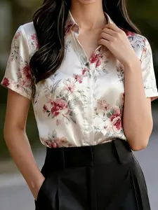Silky Satin Floral Print Short Sleeve Shirt Blouse, High-End Slim Fit, Unique Design, Elegant French Casual Style for Work