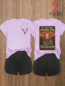Y2K Campus Sweet Cool Style 2-Piece Set Light /wine / Vintage Cow Head Print Short Sleeve Womenswear T-Shirts, Oversized Fit, Fall&winter