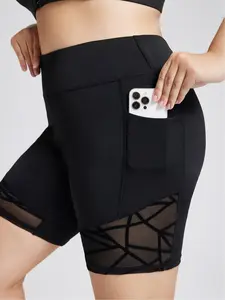 Plus Size Pocket Design Sports Shorts, Breathable Lightweight Skinny Gym Shorts for Gym Workout Running, Women's Sport & Outdoor Clothing for Summer, Swimwear Shorts