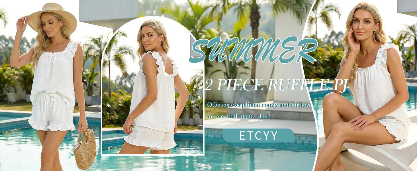 ETCYY Women's Ruffled 2-Piece Lounge Set – Chic Square Neck Tank & Frill Shorts PJs, Summer Co-ord Outfit, Lightweight Flowy Sleepwear, 2 Piece Sets Women, Plus Size Sets, Casual Matching 2 Piece Sets for Women,Knit Casual Lounge Set,co ord