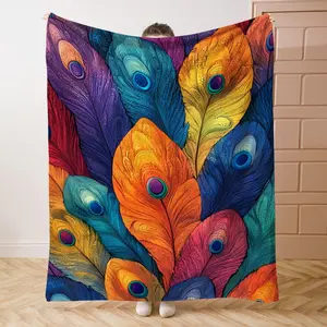 1PC Colorful FeathersPrint Flannel Blanket Beautiful and Comfortable Warm Nap Blanket for Sofa, Bed, Office, Car, Camping Travel Blanket, Home Decoration - Four Seasons Gift