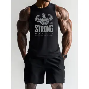 Men'S Sleeveless Athletic Tank Top - Breathable, Stretchy Polyester, "Strong Muscle" Graphic, Round Neck, Machine Washable - Ideal for Gym, Fitness, Spring & Summer Workouts, Workout Apparel|Motivational Workout Gear|Breathable Polyester, Gym Clothes