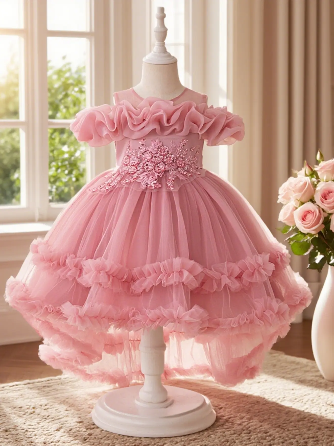 Floral design train dress skirt girls dress elegant and beautiful dress suitable for birthday party gathering, Birthday Clothes, Frilled Dress, Princess Dress, Tulle Dress, Ruffle Dress