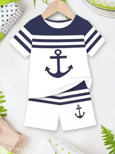 Boys Summer Fashion 3D Printed Short Sleeve T-Shirt Set, Cute, 2 Piece Set for Daily Outdoor Wear
