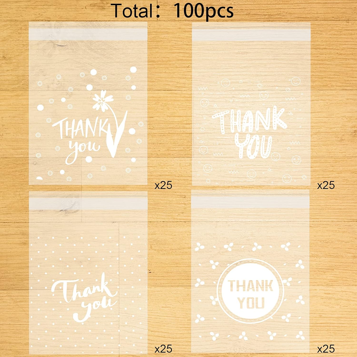 100PCS Thank You Treat Bags – Self Adhesive Cookie Candy Gift Bags, Clear Cellophane Packaging for Party Favors, Sweets & Desserts