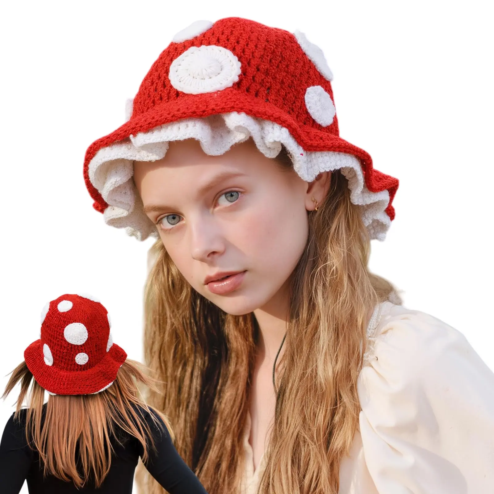 Red Mushroom Bucket Hat for Women - Handmade Crochet Cute  display picture 1
