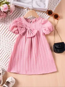 Toddler Girl's Solid Big Bow Decor Ruffle Trim Dress, Cute Fashion Casual Bubble Sleeve Dress for Daily Outdoor Wear, Toddler Girls Dress for Summer