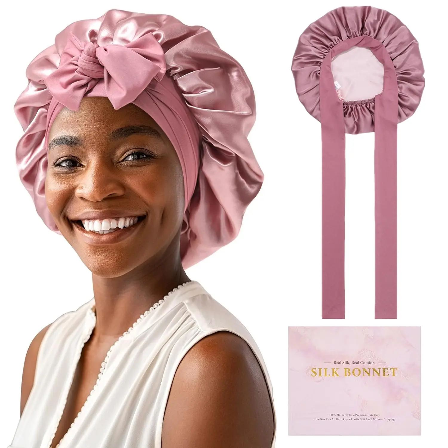 Natural Silk Bonnet for Women 100% Mulberry Silk Double Layered Bonnet with Tie Band Reversible Hair Bonnets Sleeping Hair Wrap