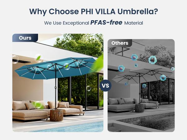 [RGB LED] PHI VILLA 13ft/15ft Double-Sided Patio Umbrella with RGB Solar LED Lights, Double Vent Top & Base – Extra Large Backyard & Pool Umbrella