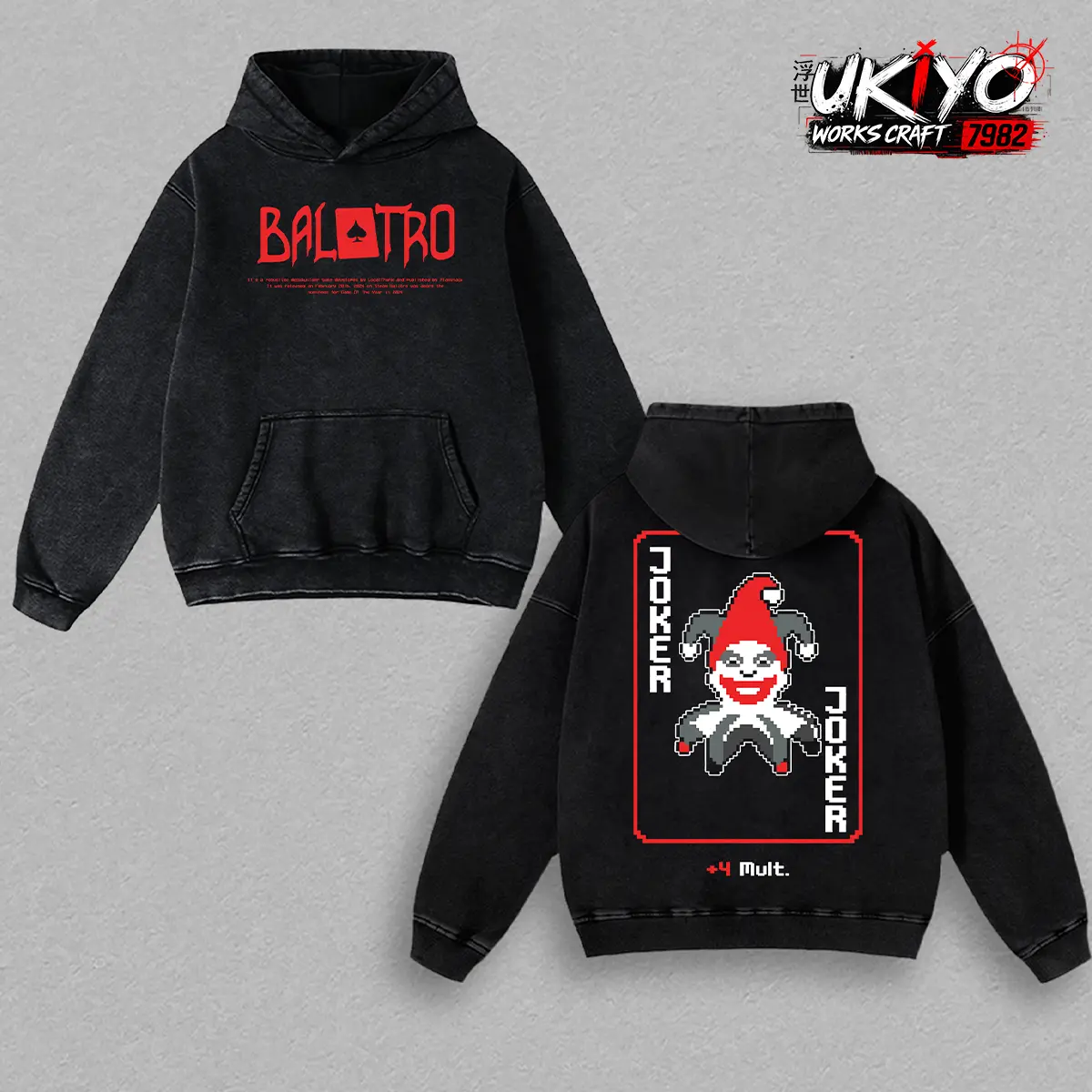 Balatro Joker Pixel Art Double-Sided Hoodie– Vintage Washed Oversize Unisex Tee, Indie Card Game Inspired Streetwear tee unisex heavyweight cotton t-shirt washed vintage t-shirt Casual Menswear