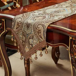 Luxury  Design Table Runner 90 inches long Embroidery Jacquard Fabric with Multi-Tassels table runners for Dining Room Dresser Wedding holiday Party fireplace Decorations (Coffee, 12X90inch)