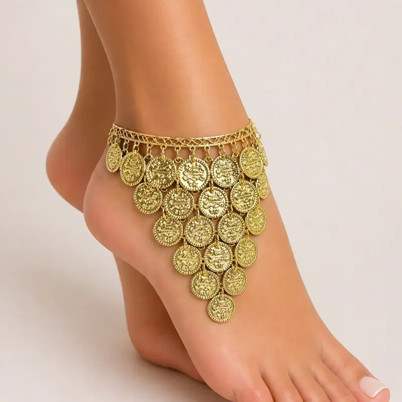 Women's Bohemian-Style Gold Tone Coin Anklet - Female Barefoot Sandal, Ankle Slave Chain Fashion Costume Jewelry Accessory