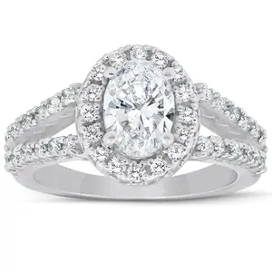1 1/2 Ct Oval Cut Diamond Halo Split Shank Engagement Ring 14k White Gold