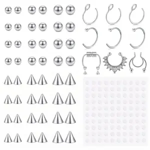 Fake Eyebrow Ring Fake Lip Labret Studs Replacement Balls Spike with 100pcs Sticker Non-Piercing Body Jewelry Fake Skin Piercing