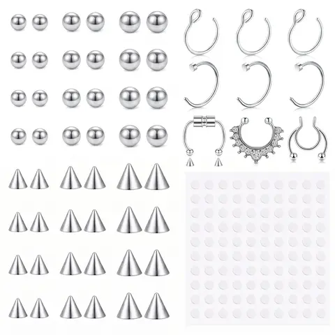 Fake Eyebrow Ring Fake Lip Labret Studs Replacement Balls Spike with 100pcs Sticker Non-Piercing Body Jewelry Fake Skin Piercing