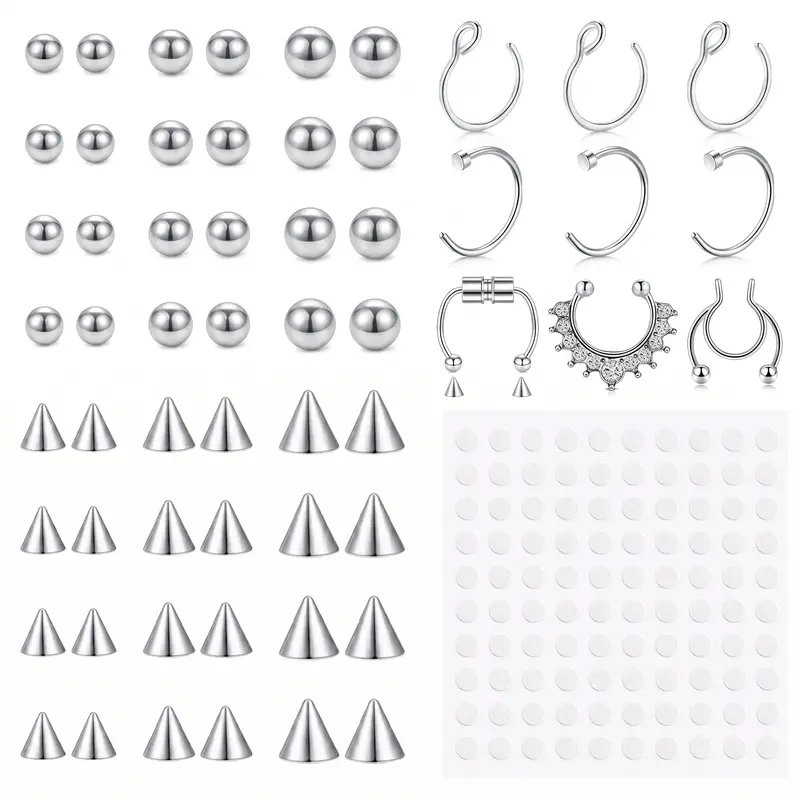 Fake Eyebrow Ring Fake Lip Labret Studs Replacement Balls Spike with 100pcs Sticker Non-Piercing Body Jewelry Fake Skin Piercing