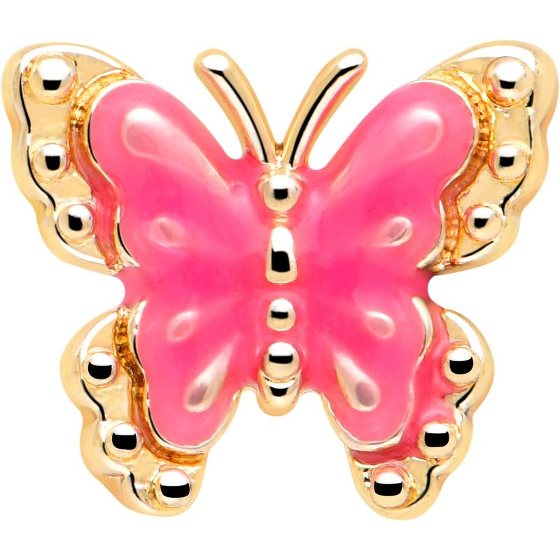 20G 7mm Gold Tone Butterfly Pink Splash L Shape Nose Ring