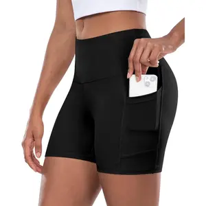 Womens Biker Shorts with Pocket, High Waisted Tummy Control 5 Inch Workout Spandex Athletic Gym Shorts