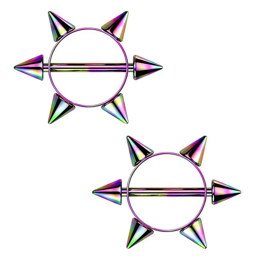 Rainbow PVD Spiked Nipple Rings