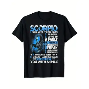 Scorpio Zodiac 100% Cotton T-Shirt - Menswear Casual Round Neck Cartoon Fitted Tee, Unisex Outdoor Y2K Streetwear Vintage Metalcore Double Print Oversize Shirt, S-XXXL Black Crewneck