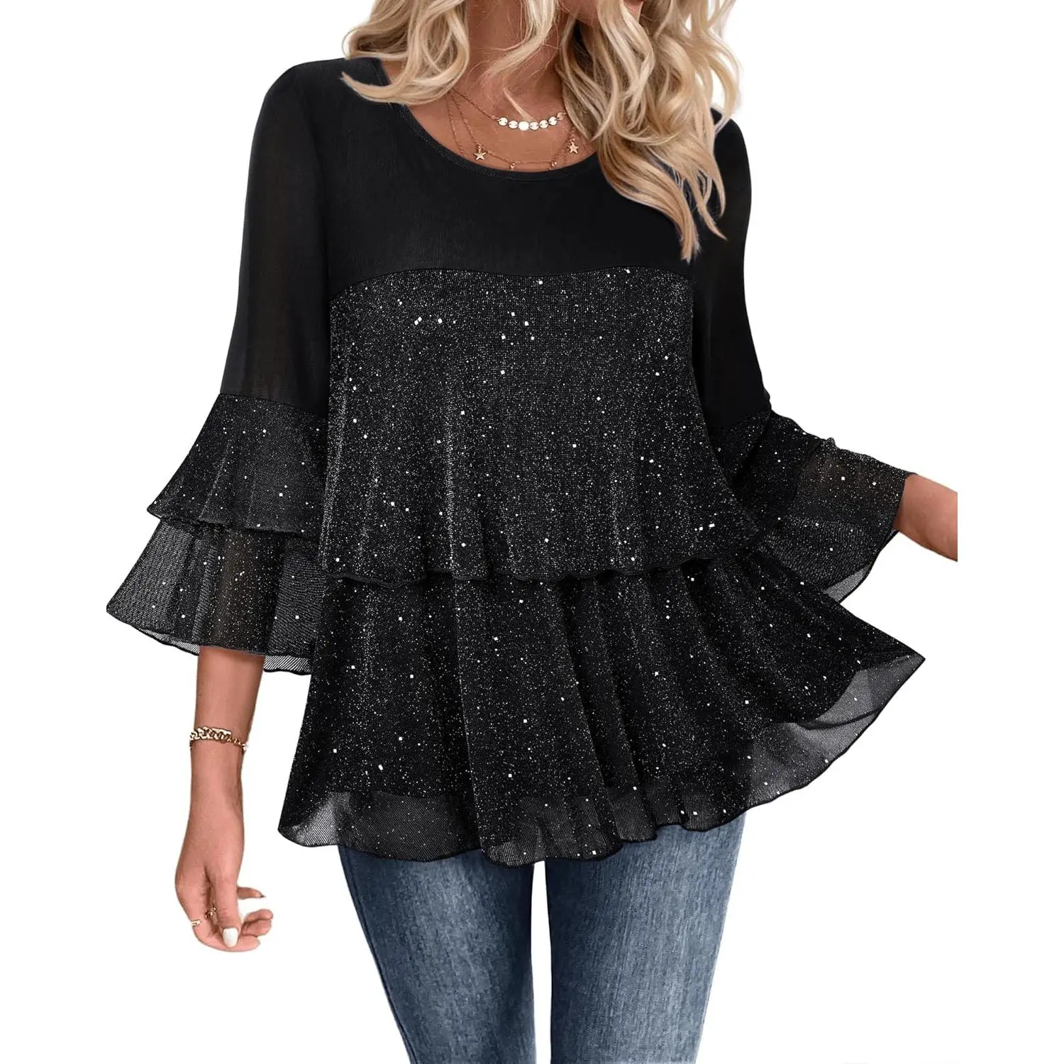 Women's Elegant Sparkly Top, Dressy Round Neck Tunic Blouse with 3/4 Flowy Ruffle Sleeves for Evening Parties, Comfortable, Arm Sleeve, Casual, Bell Sleeves, 3/4 Length