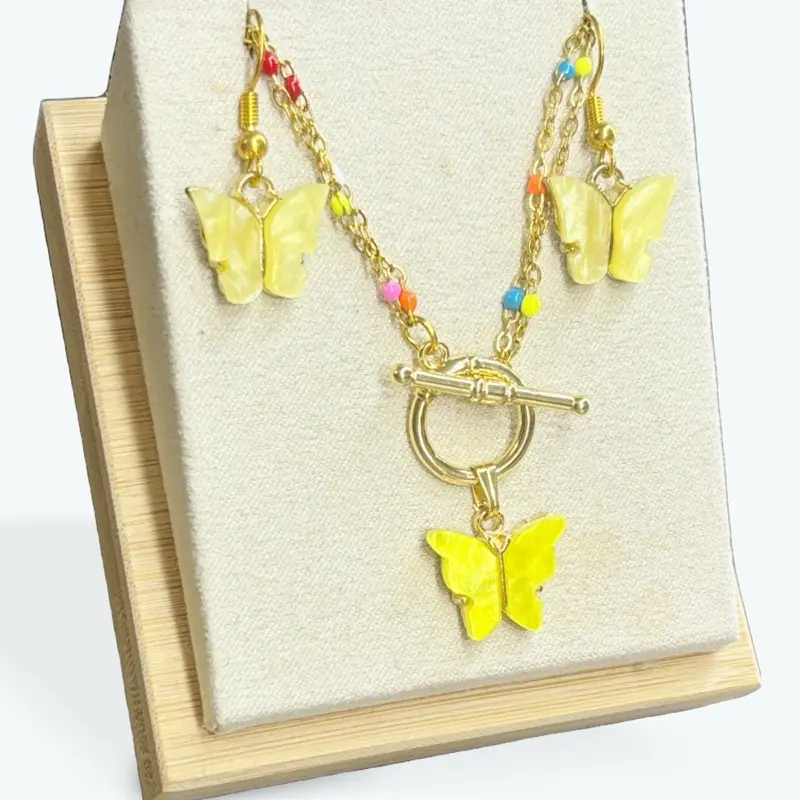 EK Collection Yellow Butterfly y2k Necklace and Earrings Set 3pcs Multicolor 18K Gold Plated Chain Fashion Jewelry Set