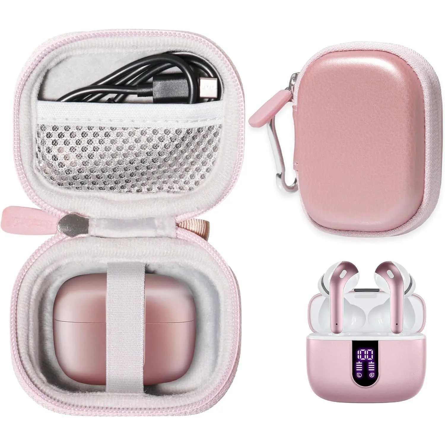 Z-PHP9 Sturdy Protective Case for TAGRY X08 True Wireless In-Ear Bluetooth Headphones & Earbuds, 60H Audio Accessory with Space-Saving Mesh Pocket for Charge Cable (Rose Gold)