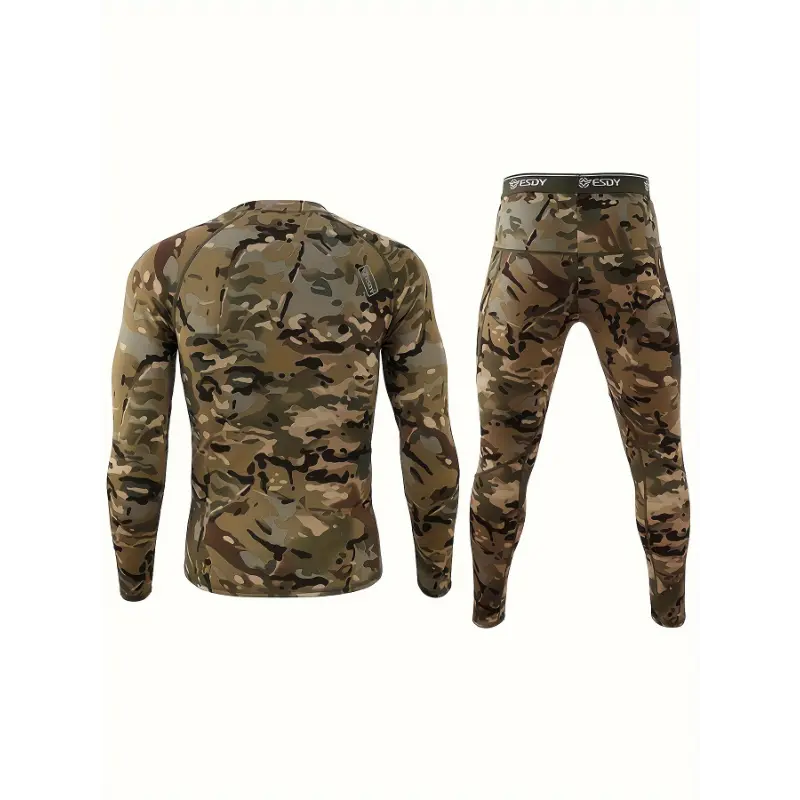 Men's Camouflage Thermal Base Layer Set, Skinny Fit Round Neck Sporty Menswear, High Stretch Knit Clothes for Outdoor Hiking