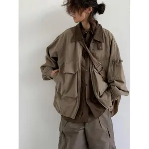 Unisex Japanese retro multi pocket lapel work jacket and matching shirt, loose multi-functional wasteland style men's and women's clothing