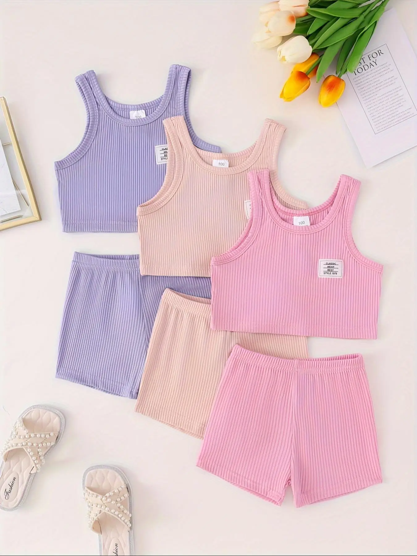 Toddler Girl's Letter Print Crop Tank Top & Plain Shorts Set, Casual Fashion Cozy Outfits for Daily Outdoor Wear, Kids Clothing for Spring & Fall