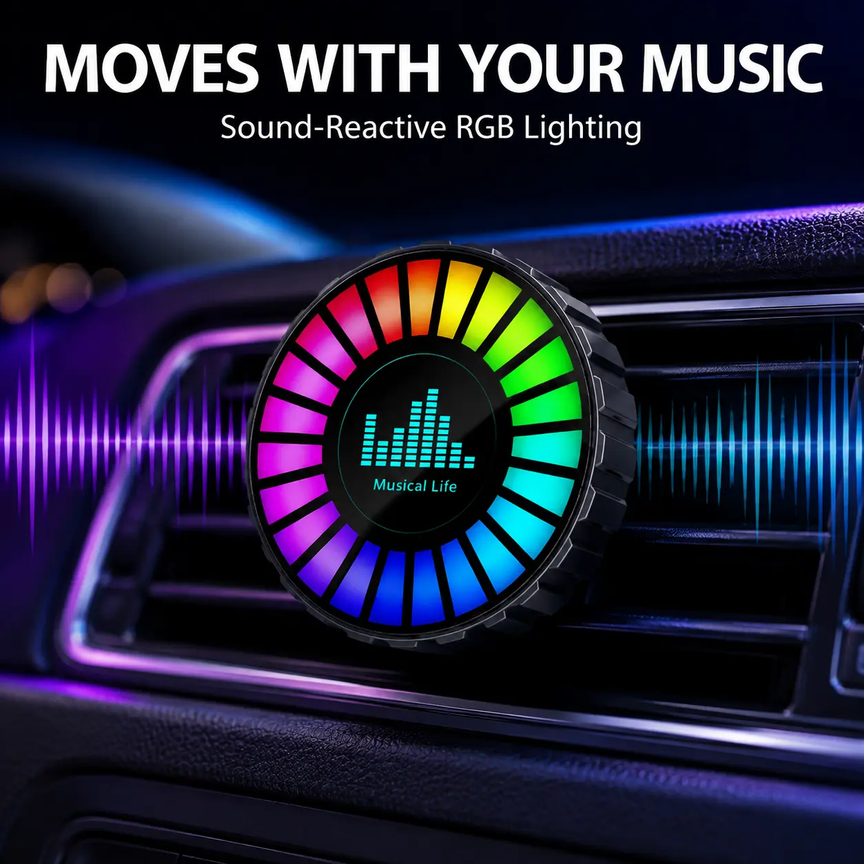 2-in-1 Car Air Freshener Vent Clip with RGB Lights, Sound-Activated LED Ambient Light, Type-C Rechargeable Car Interior Accessory, App/Button Versions