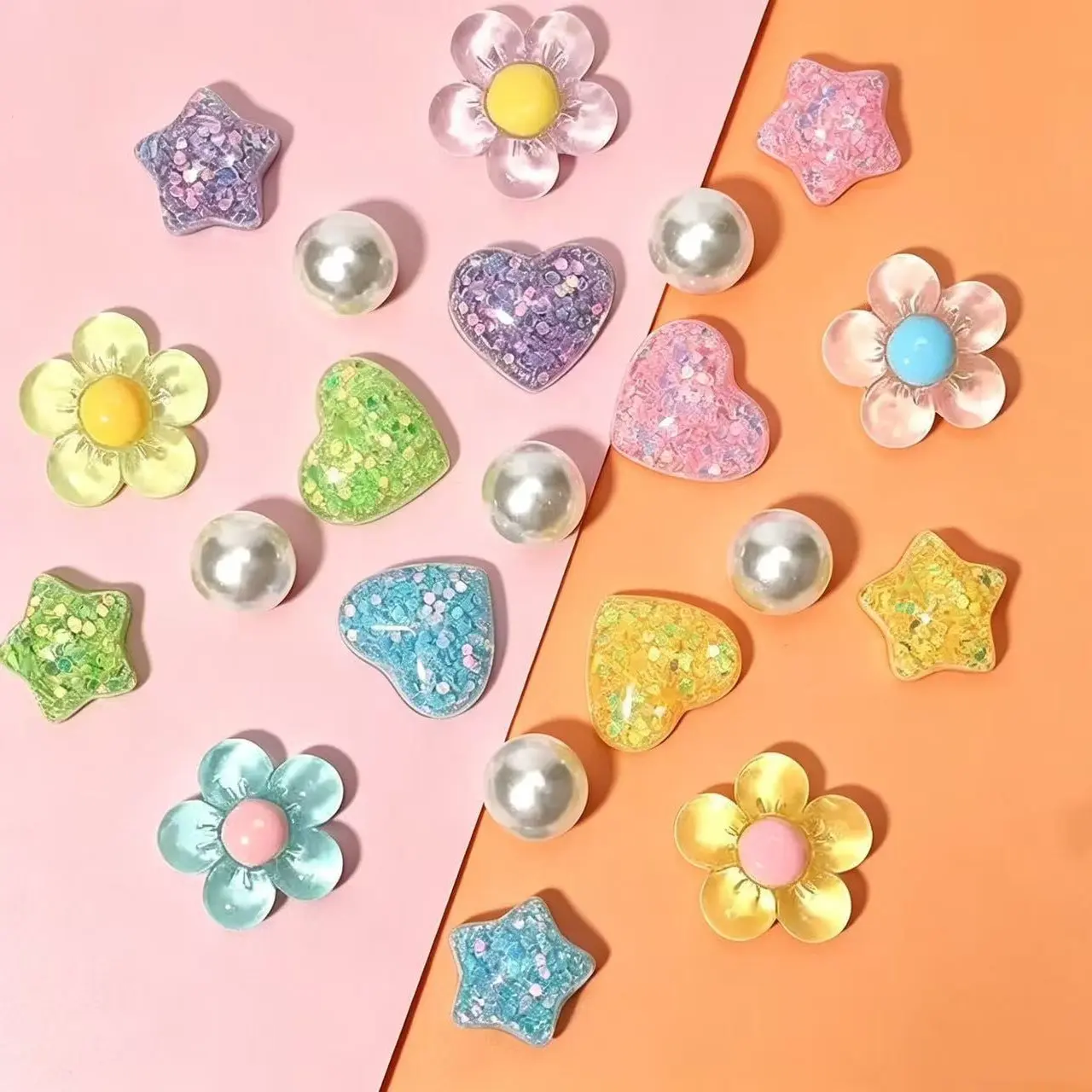 Cute Glitter Heart Star Flower Pearl Shoe Charms Set Colorful Resin Jibbitz Decorations for Crocs Clogs Sandals Kawaii DIY Shoe Accessories for Girls Gift