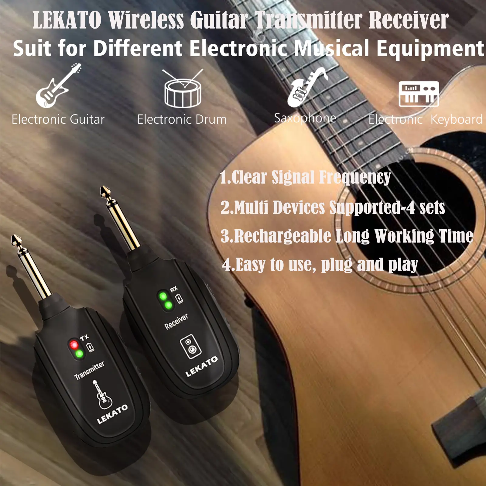 【Crazy Discounts】LEKATO Wireless Guitar System Set,Built-in Rechargeable 4 Channels, Wireless Guitar Transmitter Receiver Kit, Easy to Use for Electri