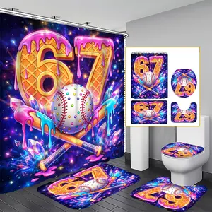 4pcs Cosmic 67 Shower Curtain Set, Outer Space, U-Shaped, Toilet Lid Cover, 12 Hooks 180X180Cm Curtain, Space Age Number Bathroom Decor, Additions With, Home Decor, Bathroom Additions