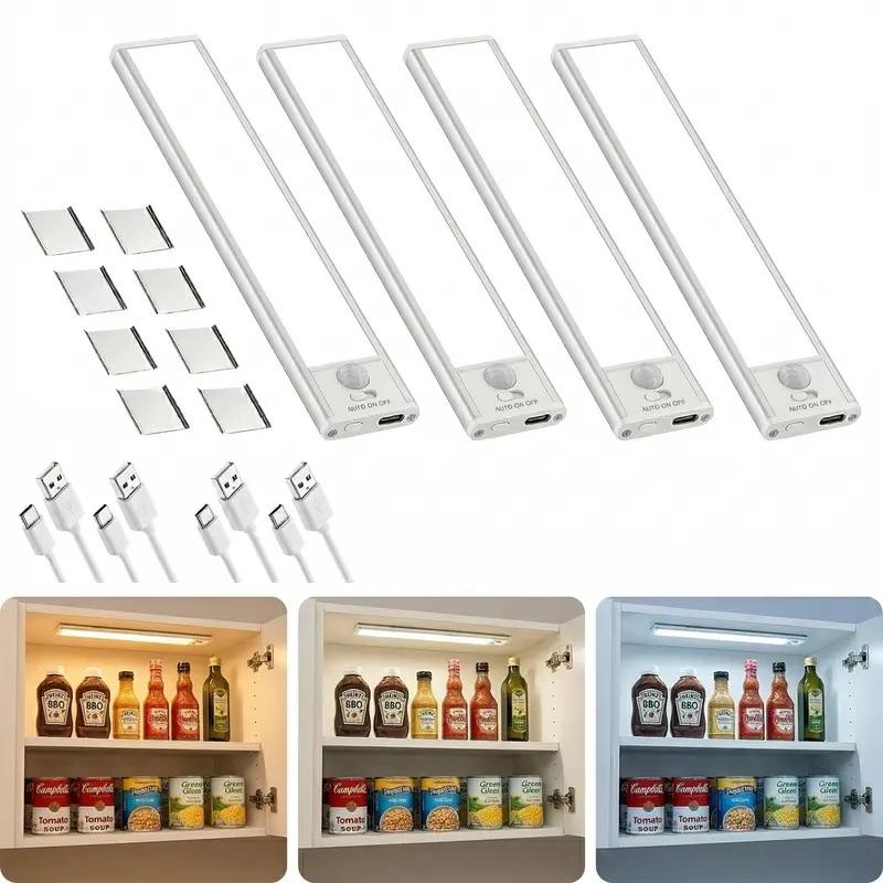 4 Pack Rechargeable Under Cabinet Lights, 80 LED Motion Sensor Closet Lights, Magnetic Stick-On Dimmable Night Lights with 3 Color Temps for Kitchen, Pantry, Stairs, Wardrobe, Garage