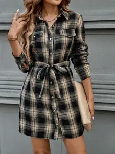 Vintage Plaid Shirt Collar Mini Dress with Self-Tie Waistband, Elegant Office Wear, Fashion Long Sleeve Women's Clothing