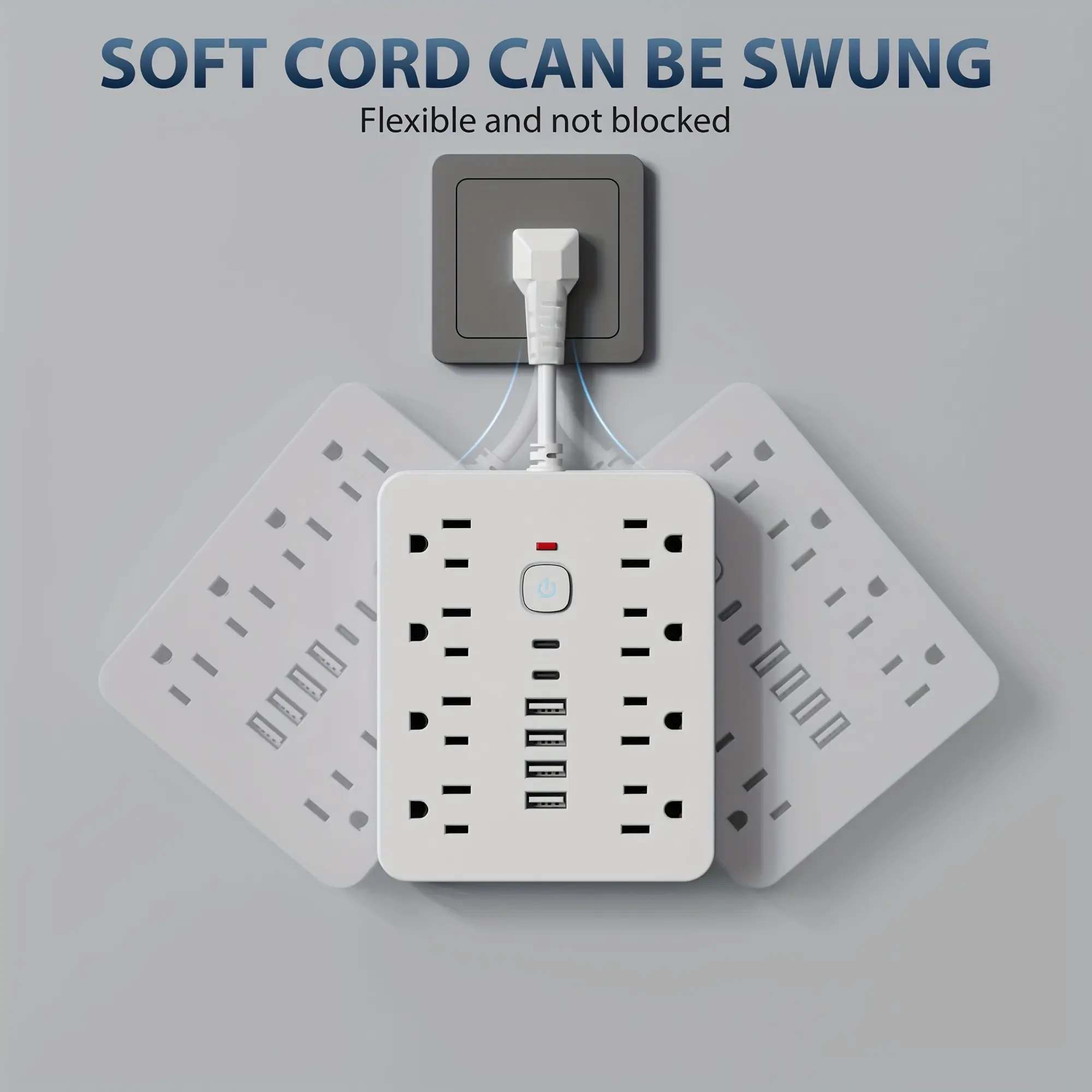 14-in-1 Power Strip with Overload Protection And One-touch Control Switch. Well-placed 8 Spacious AC Power Outlets And 6 USB Ports (including 2 TYPE-C Ports) In A Wall-mounted Extension Cord Design. Ideal for Office, Den, Home And School Environments